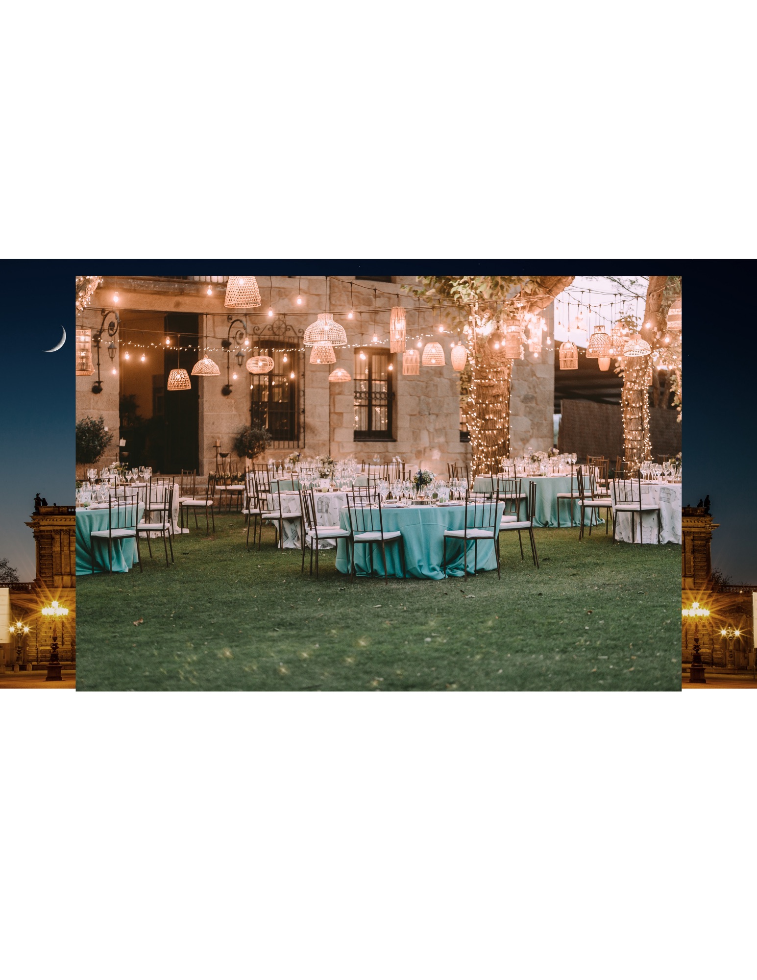 An evening garden reception lit with strings of warm lanterns